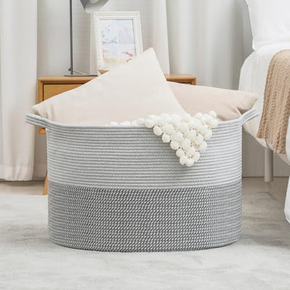 XXXLarge Woven Cotton Rope Basket (21.7" x 13.8") 90L – Blanket Basket for Living Room, Laundry Hamper, Baby Laundry Hamper, Toy Storage, Pillows & Cushions Organizer (Mixed Grey) - color: Mixed Gray
