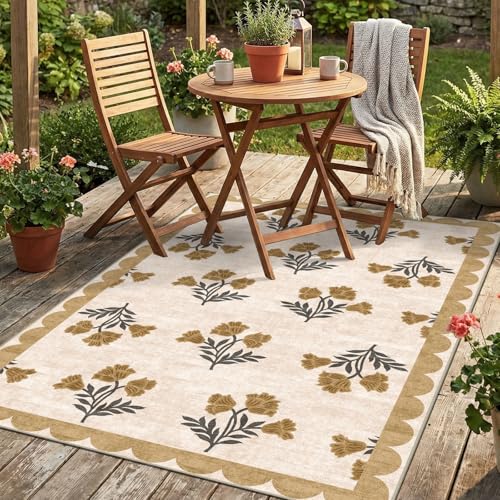 4x6 Covered Outdoor Patio Rug - Beige Washable Front Porch Entry Rug Non-Slip Door Mat Indoor Outside Entrance Floral Scalloped Area Rugs for Living Room Entryway Foyer Backyard Porch Decor - color: Flower - Beige, size: 4' x 6' (Rectangular)