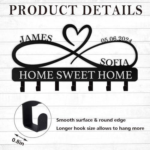 Personalized Metal Key Holder for Wall | Heart Shape Key Holder Wall Mount | Custom Couple's Name Key Rack Coat Rack | Wedding Couple Gifts | Key Holder Wall Hanging for Kitchen Bedroom Hallway - color: 07 Heart