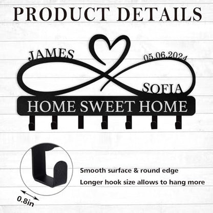 Personalized Metal Key Holder for Wall | Heart Shape Key Holder Wall Mount | Custom Couple's Name Key Rack Coat Rack | Wedding Couple Gifts | Key Holder Wall Hanging for Kitchen Bedroom Hallway - color: 07 Heart