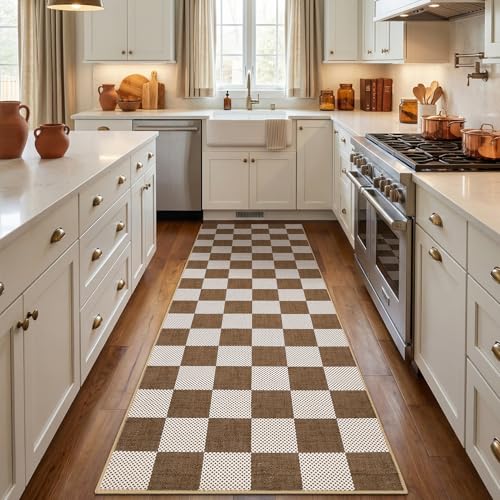 GarveeHome Checkered Light Brown 2x6 Washable Low-Pile Kitchen Runner Rug | Non-Slip Terracotta Brown Stain Resistant Rug for Kitchen Entryway Bedroom Bathroom Geometric Modern Rug TPE Backing - color: Terracotta Brown, size: 2' x 6' (Rectangular)