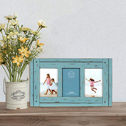 Prinz Homestead Blue 3-Opening Collage Picture Frame 4x6 Photos - Distressed Wood Two-Way Easel Wall Tabletop Display - color: Distressed Blue