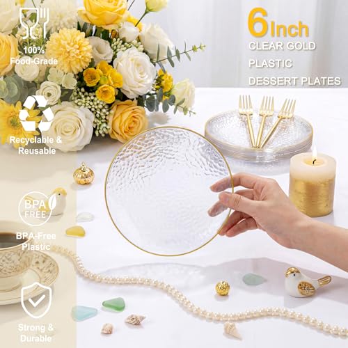 Rubtlamp 200 Pcs Clear Gold Dessert Plates with Forks, 6 inch Hammered Gold Small Disposable Plates, Fancy Appetizer Platos Include 100 Cake Plate,6 inch 100 gold Forks for Birthday, Wedding, Teatime - color: Clear gold