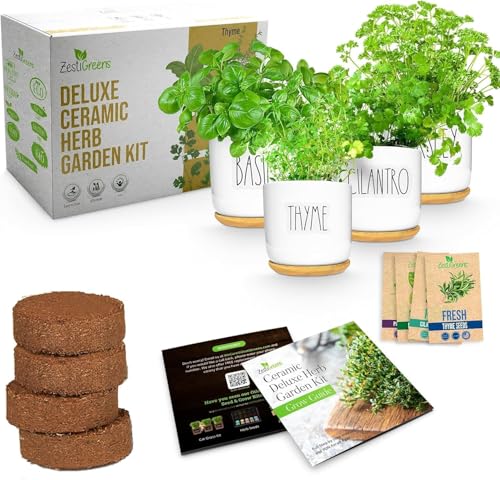 Indoor Herb Garden Kit, Ceramic Pots with Soil & Seeds | Ceramic herb kit with pots, seeds potting soil for a windowsill garden indoors or out. - color: Ceramic Edition
