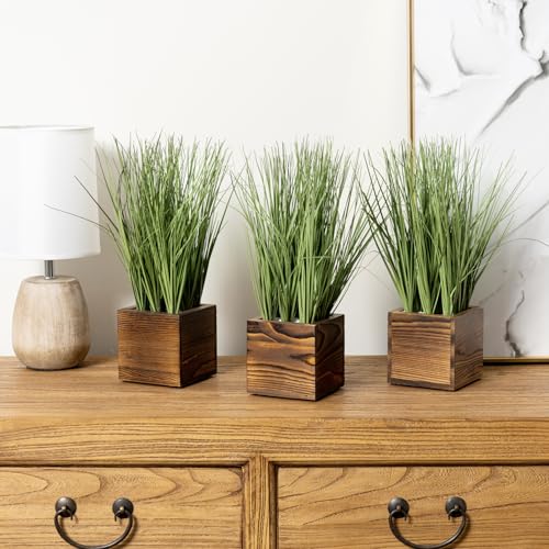 MyGift Artificial Green Grass Plants Trio in Rustic Burnt Solid Wood Planter Boxes, Faux Greenery in Decorative 4 Inch Square Wooden Containers, Set of 3 - color: Burnt Wood