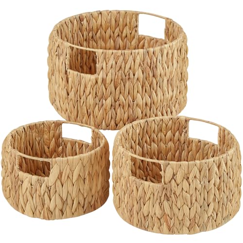 Wicker Storage Basket, Hand-Woven Water Hyacinth Large Round Woven Basket With Handles, Wicker Baskets for Organizing/Storage, 3-Pack - color: Water Hyacinth