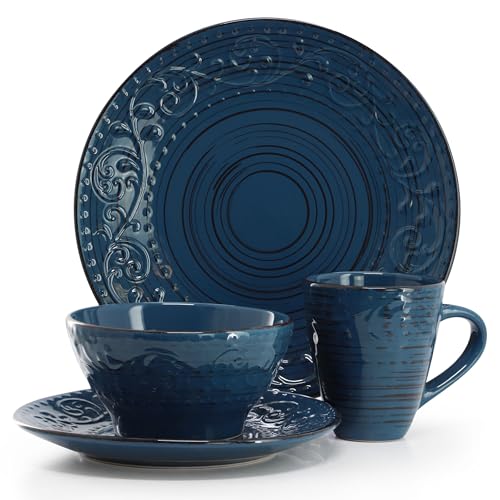 Elama Malibu Deep Ocean 16-Piece Stoneware Embossed Pattern Reactive Glaze Dark Blue Dinnerware Set, Tableware, Serveware Set (Deep Ocean Blue) - color: Deep Ocean Blue