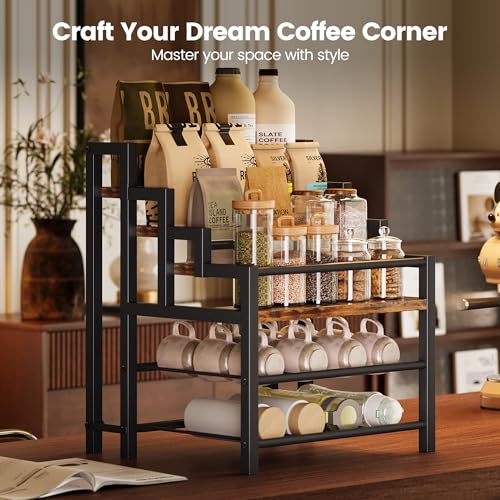 6-Tier Liquor Bottle Display Shelf, Holds up to 24 Bottles, Countertop Wine Racks with 8 Wine Glass Holders, Mini Wine Bar Cabinet for Home, All in One Coffee Syrup Whiskey Organizer