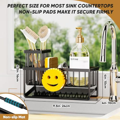Sponge Holder for Kitchen Sink,Smiley Face Sink Caddy with Removable Brush Holder,Self-Draining Sponge Caddy for Sponge,Soap,Dish Brush,Scrubber,Kitchen Essentials and Gadgets - color: 1 Tier Black