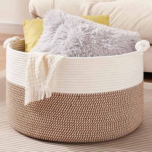 OIASKET Large Blanket Storage Basket for Living Room, 22.8" x 22.8" x 13" Woven Cotton Rope Basket with Handles, Baby Toy Storage, Laundry Hamper for Clothes, Pillows, Towels-Yellow and White - color: Yellow & White, size: 90L