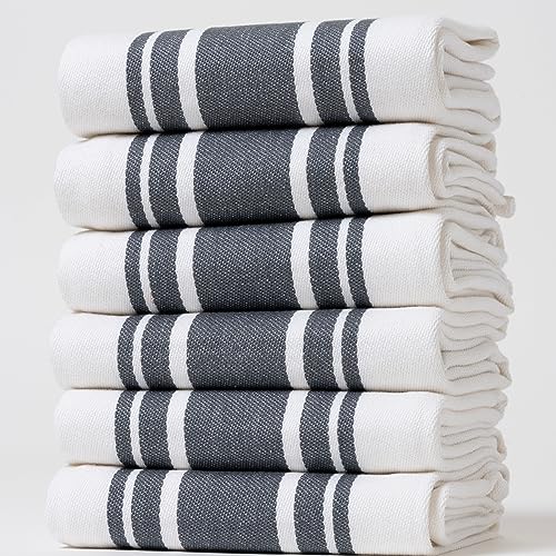 Kitchen Towels Set – Pack of 6 (20’’ x 30’’) Extra Large Premium Cotton Dish Towels for Kitchen – Super Striped Towels – Absorbent – 100% Cotton – with Hanging Loop – Dark Grey - color: Dark Grey Super Striped, size: Pack of 6