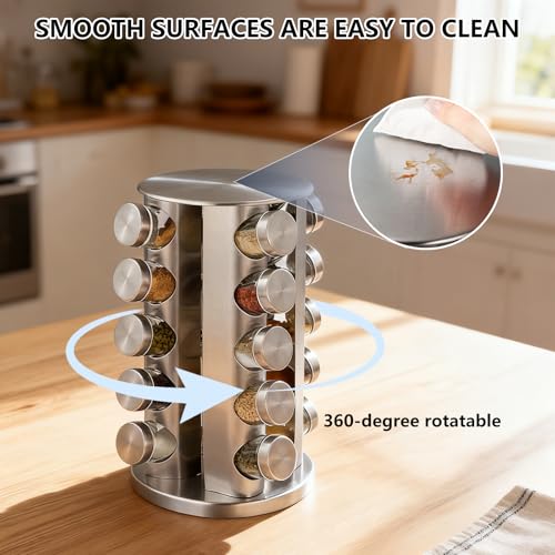 20-Jar Revolving Spice Rack Organizer, Stainless Steel Rotating Seasoning Holder with Glass Spice Jars & Black Caps, Space Saving Spice Carousel for Kitchen Countertop & Cabinet