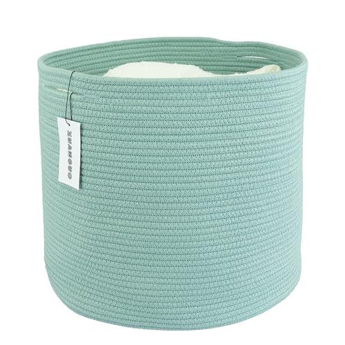 XUANGUO Cotton Rope Basket For Girls Boys Kids 16”X14” green | Baby Laundry Baskets, Blanket Basket, Nursery Bin; Round Woven Basket Organizer for Toy Storage, Blankets, Shoes and Clothes - color: green