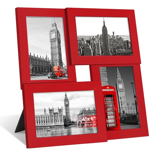 4x6 Collage Picture Frame, Wooden Frame with Real Glass, 4 Opening | Multi Picture Frame with Stand for Wall or Tabletop Display, Gallery Frame for Home Décor, Family Photo Display, Red - color: Red