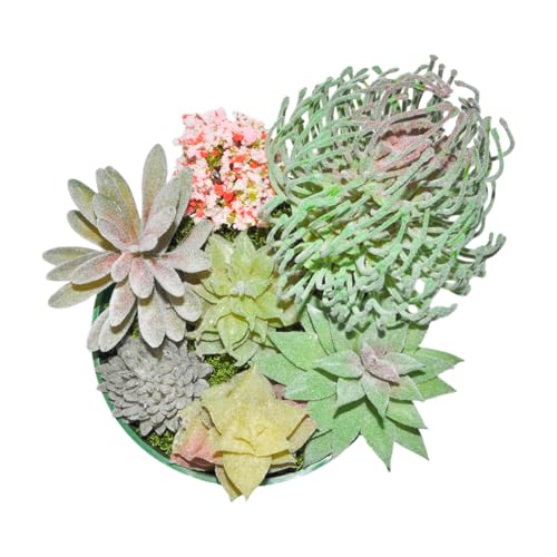 7PCS Flocked Artificial Succulents Set Faux Succulent Plants with Fake Christmas Tree Moss Artificial Cactus Greenery Low Maintenance Fake Plants DIY Craft Home Office Christmas Table (Green) - color: Green