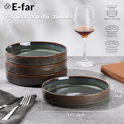 E-far Pasta Bowls Set of 4, 35oz Large Salad Bowl Plate for Dinner Serving, Wide & Shallow Ceramic Stoneware Pasta Plates, Microwave & Dishwasher Safe, Reactive Glaze Textured Stripes, Blackish Green - color: Blackish Green