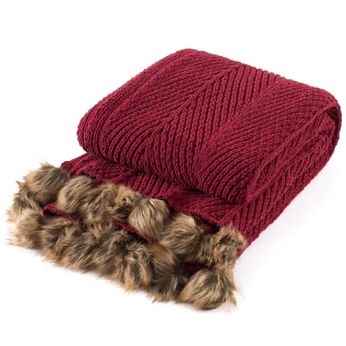 Chunky Chenille Knit Throw Blanket with Pom Pom Trim 50"x60" | Soft Fuzzy knitted Luxurious Decorative Thermal Warm Farmhouse for Bed Sofa Chair Gift Red - color: 5-red With Pom-pom Edge, size: 50"x60"