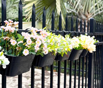 10" Metal Hanging Planter for Railing with Detachable Hooks, Black, 4 Pcs | Removable hook, Drainage hole, Rustproof, For flowers / herbs / succulents, veggies, For railings / fences / balconies - color: Black