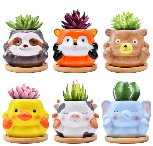 Photken 6 Pack Ceramic Succulent Pots with Drainage – Small Animal Planters with Bamboo Trays for Cactus & Indoor Plants, Mini Flower Pots for Desk, Home Decor, Office, Garden, Gift for Plant Lovers - style: Animals