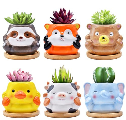 Photken 6 Pack Ceramic Succulent Pots with Drainage – Small Animal Planters with Bamboo Trays for Cactus & Indoor Plants, Mini Flower Pots for Desk, Home Decor, Office, Garden, Gift for Plant Lovers - style: Animals