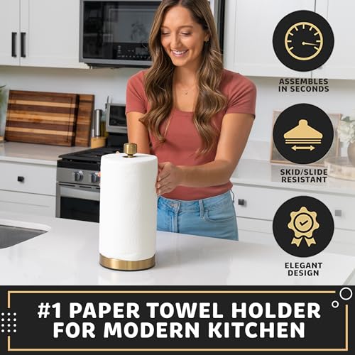 Heavy-Duty Stainless Steel Paper Towel Holder - Easy One-Handed Tear with Suction Cups - Modern Weighted Standing Countertop Dispenser for Kitchen - Holds All Paper Towel Rolls, Gold - color: Gold