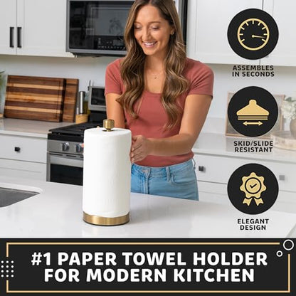 Heavy-Duty Stainless Steel Paper Towel Holder - Easy One-Handed Tear with Suction Cups - Modern Weighted Standing Countertop Dispenser for Kitchen - Holds All Paper Towel Rolls, Gold - color: Gold