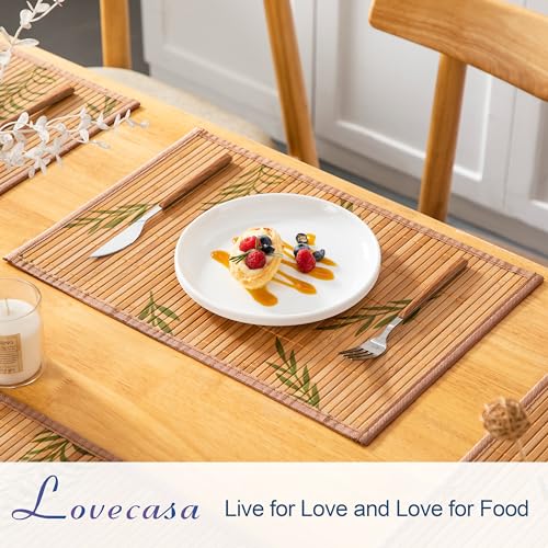 LOVECASA Placemats Set of 6, Bamboo Table Mats Set with Leaf Pattern, 18'' × 12'' Woven Placemat, Washable Heat-Resistant Place Mats for Kitchen, Brown Leaf - color: Brown