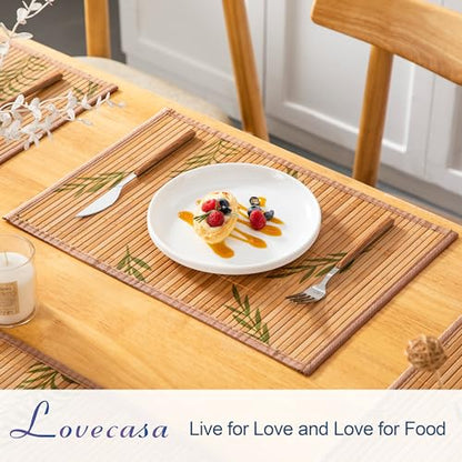 LOVECASA Placemats Set of 6, Bamboo Table Mats Set with Leaf Pattern, 18'' × 12'' Woven Placemat, Washable Heat-Resistant Place Mats for Kitchen, Brown Leaf - color: Brown