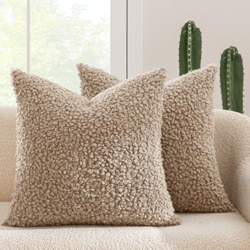 MIULEE Decorative Faux Fur Pillow Covers Sherpa 18x18 Light Camel | Set of 2 Fuzzy Accent Fall Couch Throw Pillows, Soft Sheepskin Fleece Pillowcases, Home Decor Sofa Livingroom Bed - color: Light Camel, size: 18" x 18" (Pack of 2)