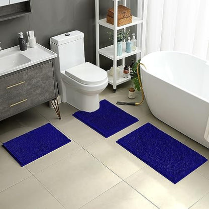 HOMEIDEAS 3 Pieces Bathroom Rugs, Ultra Soft Non Slip Absorbent Chenille Toilet Bath Mat Set (Royal Blue) - color: Blue-royal Blue, size: 17"x24"+20"x32"+U Shape 20"x24"