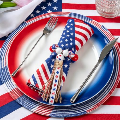 4th of July Wooden Bead Napkin Rings, Patriotic US Flag Star Striped Tassel Napkin Holders, Red White Blue Independence Day Table Decor for Memorial Day Labor Day BBQ Party, Set of 8 Napkin Holders