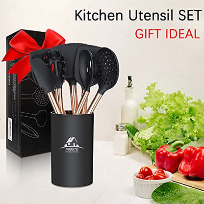 MIBOTE Silicone Cooking Kitchen Utensils Set, Wooden Handle, Coffee | BPA-Free, Non-Toxic Silicone Turner, Tongs, Spatula, Spoon Set – Great for Nonstick Cookware, Heat-Resistant, Easy Clean - color: 1-Copper