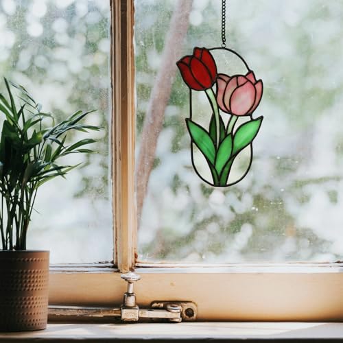 Saffron Stained Glass Window Hanging Decoration Tulip Stained Glass Decoration Garden Light Catcher