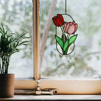 Saffron Stained Glass Window Hanging Decoration Tulip Stained Glass Decoration Garden Light Catcher