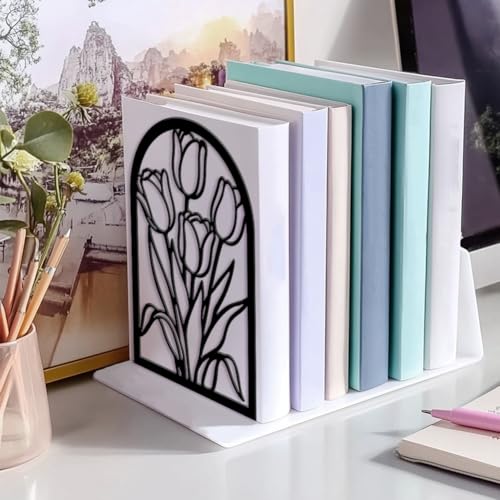 5.3"x4.3"x7.9" Metal Bookends, Heavy Duty Book Ends for Shelves | Tulips Theme Cast Iron Book Supports, 1 Pair Decor Stoppers for Desk, Library, Office & Home Shelves - style: Tulips
