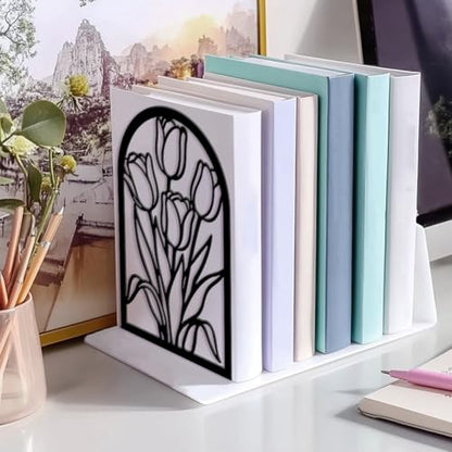5.3"x4.3"x7.9" Metal Bookends, Heavy Duty Book Ends for Shelves | Tulips Theme Cast Iron Book Supports, 1 Pair Decor Stoppers for Desk, Library, Office & Home Shelves - style: Tulips