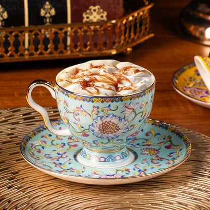 KAMMAK Tea Cup and Saucer, Ceramic Coffee Cups, 7.4 oz, Set of 2 | Porcelain Tea Cups with Saucers for Coffee and Cappuccino, Ideal for Breakfast, Afternoon Tea and Entertaining,940+941N - style: 641N+642N