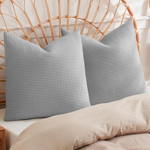 PHF 100% Cotton Waffle Weave Throw Pillow Cover, 24" x 24", No Filling, 2 Pack Elegant Home Decorative Square Throw Pillow Covers for Bed Couch Sofa, Light Grey - color: Light Grey, size: 24" x 24" (Pack of 2)