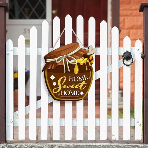 Housewarming Gifts New Home Sweet Home Decor, Welcome Sign for Front Porch, Wood Honey Pot House Warming Ornaments, Rustic Farmhouse Wall Art for Kitchen Livingroom (Brown)