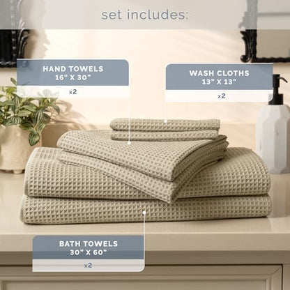 S&T INC. Aura Waffle Bath Towel Set, 6 Pieces, Beige | 2 Bath Towels, 2 Hand Towels, 2 Wash Cloths, Absorbent Microfiber, Quick-Dry and Lightweight, 420GSM - color: Beige
