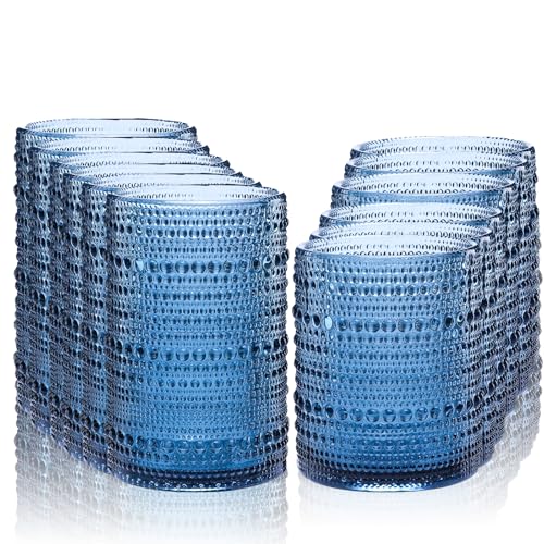 Vintage Blue Hobnail Drinking Glasses with Straws, 15oz & 12oz Embossed Highball Glassware for Cocktails, Whiskey, Beer, Juice(Set of 12) - color: Blue