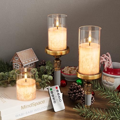 VIODAIM Ice Crystal Real Wax Glass Flameless Candles with Remote & Timer, Battery Operated Candles with Warm Flickering Flame, Realistic LED Candle for Wedding Home Decor [D3×H4/5"/6"] Clear, 3Pack | Real Wax Crystal Texture, D3×H4/5/6", 2/4/6/8H Timer, D
