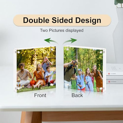 AMEITECH 5x5 Acrylic Picture Frame, Clear Double Sided Frameless Photo Frame with Magnetic, Free Standing Desktop Acrylic Frame Display, Lucite Frame with Gift Box Package - 1 Pack | Double Sided Floating Magnetic Frames, 20mm Thick, Free Standing Desktop