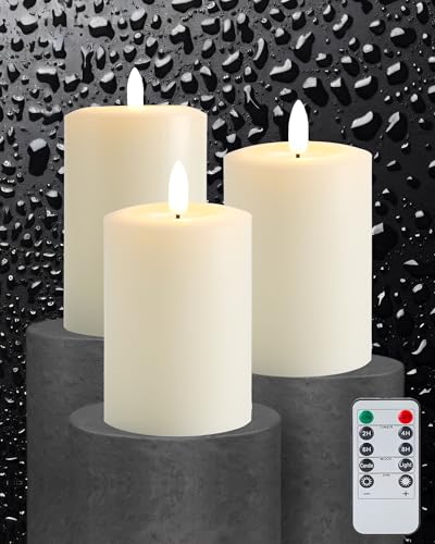 Gmnee 3"x6" Flickering Flameless Candles with Remote Timer, LED Candles | Set of 3 Ivory Battery Operated Candles, Fake Pillar Candles for Fireplace, Centerpiece and Rustic Decor (Real Wax) - color: Ivory - D3"H6"