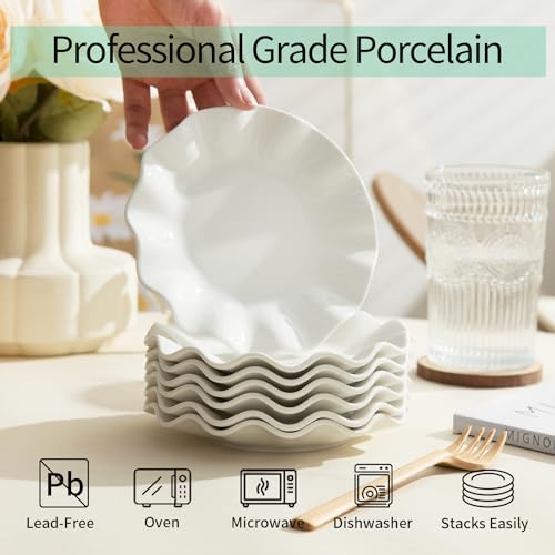 6 Inch Ceramic Small Dessert Plates, White Appetizer Plate Set, 18 Packs | Salad Dishes, Wave Rim, for Cake Waffles Snacks Side Dish, Oven Microwave Dishwasher Safe, Stackable - style: Round Wave