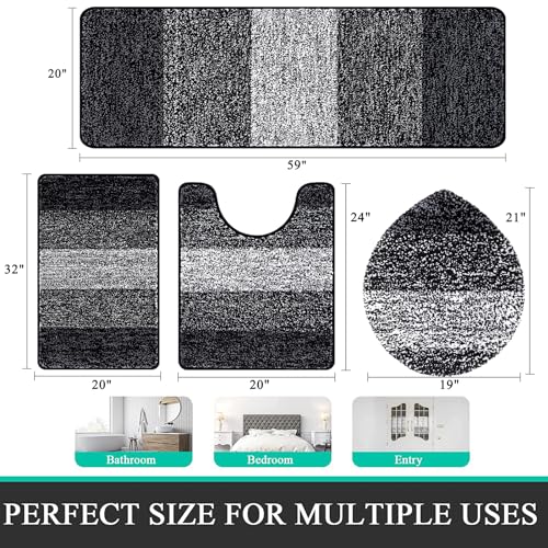 Bsmathom Bathroom Rug Set 4 Piece, Plush Microfiber Bath Mat, Black | Extra Water Absorbent, Non Slip Washable Runner Bath Rugs with Toilet Lid Cover and U-shaped Contour Toilet Mat - color: Black, size: 20"x31"+20"x59"+U20"x24"+Cover19"x21"