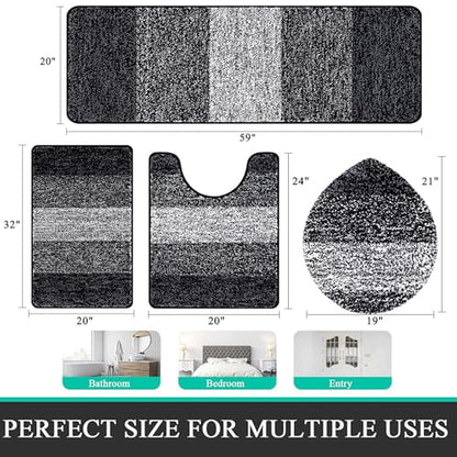 Bsmathom Bathroom Rug Set 4 Piece, Plush Microfiber Bath Mat, Black | Extra Water Absorbent, Non Slip Washable Runner Bath Rugs with Toilet Lid Cover and U-shaped Contour Toilet Mat - color: Black, size: 20"x31"+20"x59"+U20"x24"+Cover19"x21"