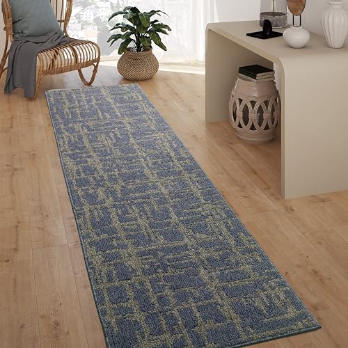 Hallway Runner Rug Non Slip Rubber Backing, 26 inch x 6 ft, Abstract Blue, Heavy Duty Berber Style Carpet Runner for Entryway, Kitchen, Bathroom, Bedroom, Laundry Room. - color: Abstract Blue, size: 6 Foot Long Runner Rug