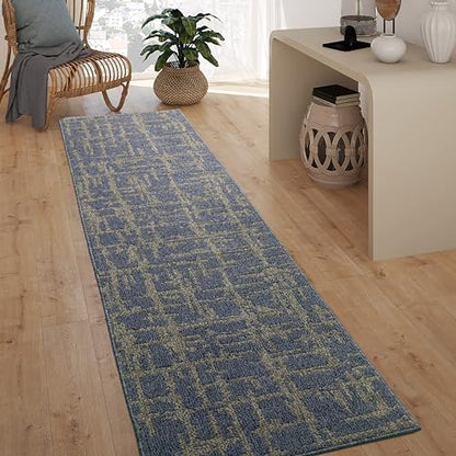 Hallway Runner Rug Non Slip Rubber Backing, 26 inch x 12 ft, Abstract Blue, Heavy Duty Berber Style Carpet Runner for Entryway, Kitchen, Bathroom, Bedroom, Laundry Room. - color: Abstract Blue, size: 12 Foot Long Runner Rug