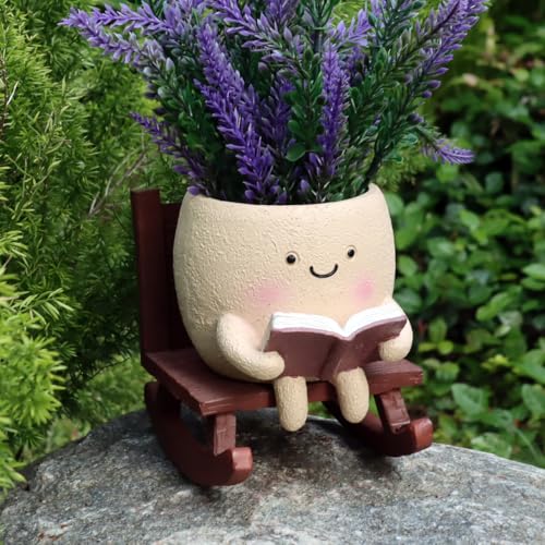 Dolkgy Cute Face Planters Succulent Pots, Funny Rocking Chair Reading Head Flower Planter Cactus Pot with Drainage Hole for Indoor Outdoor Plants, Unique Plant Lover Gifts - color: Khaki Chair Planter